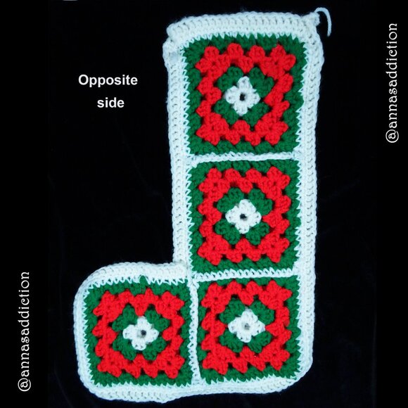 Vintage 15" Handmade Crocheted Granny Square Christmas Stocking Red Green - Picture 2 of 5